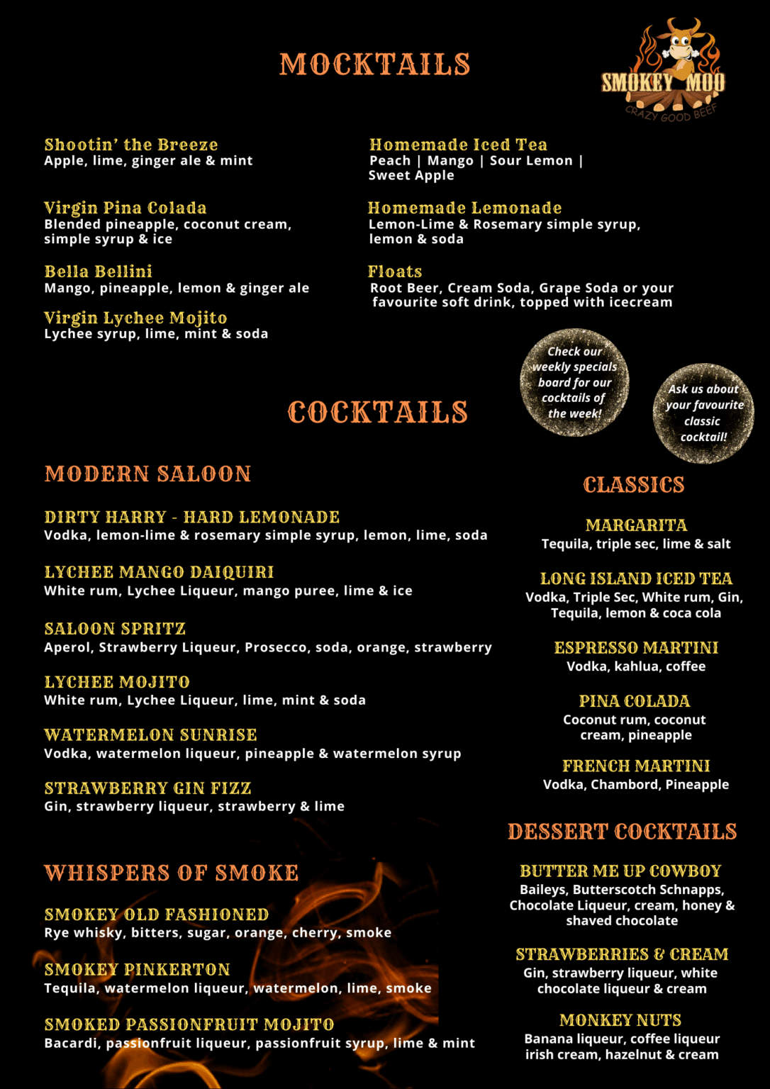 a menu of drinks on a black background